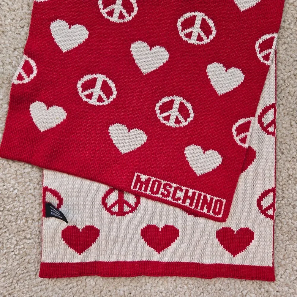 Moschino Peace & Love Hearts Scarf Merino Wool Blend Red White